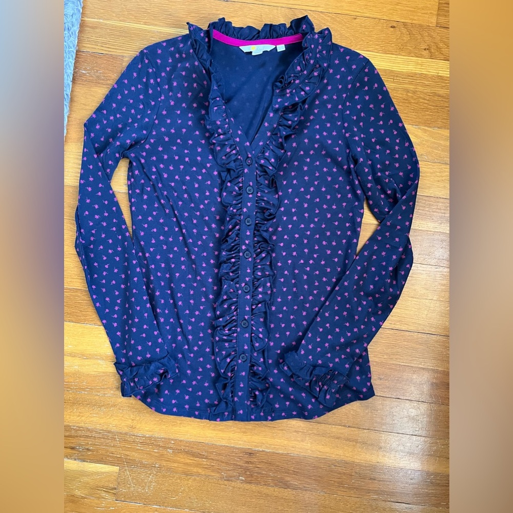 Boden Navy Cardigan with Pink Heart Print and Ruffle Trim